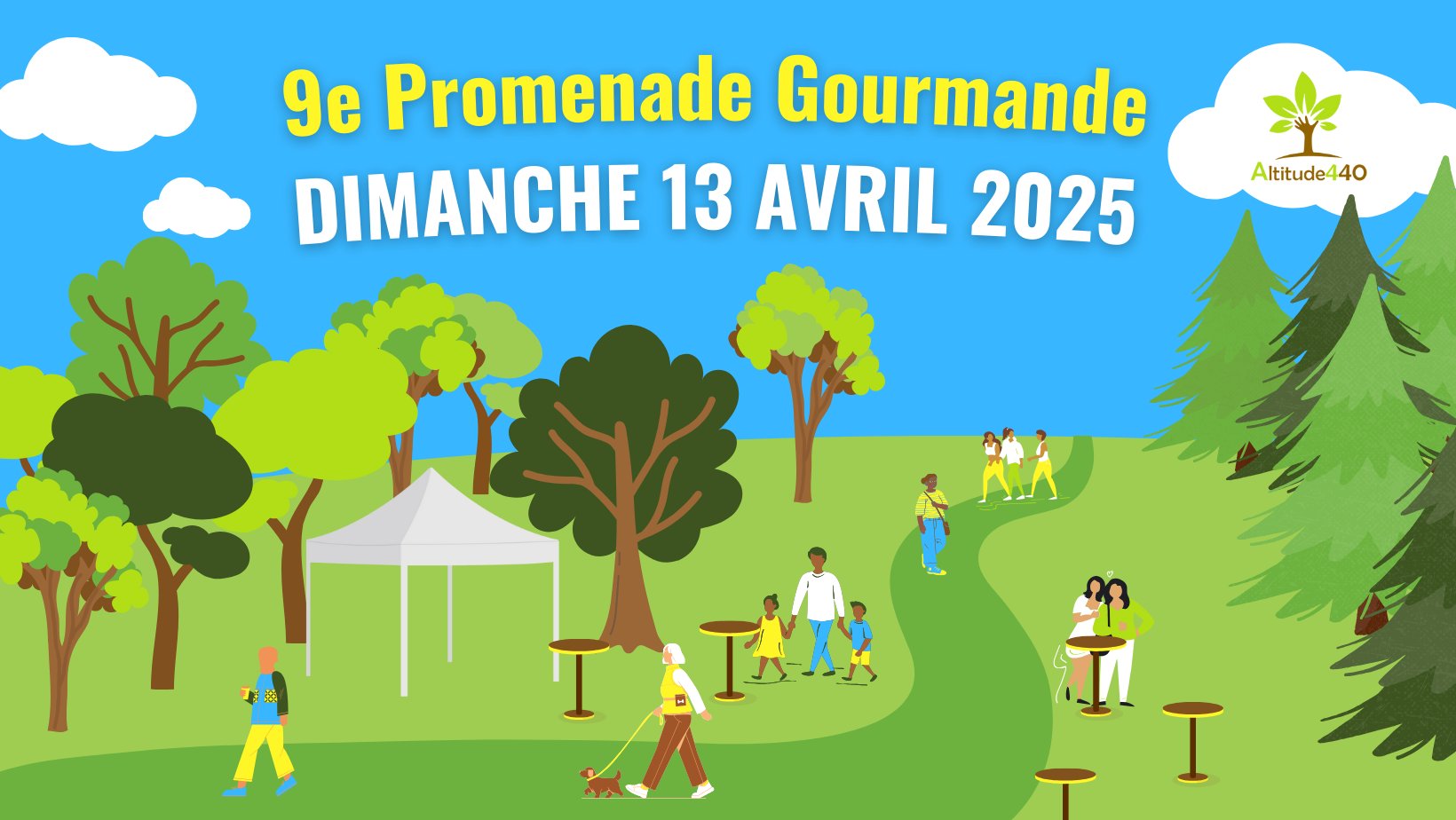 illustration qui fait la promotion de la balade gourmande c'est un terrain avec des personnage qui marche dans un cadre ensoleillé