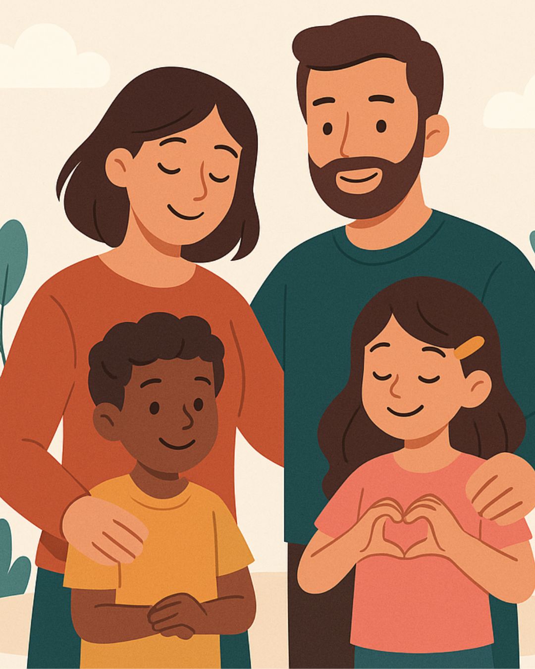 illustration d'une famille d'accueil avec deux parents et deux enfants avec des tons chauds pour la couleur
