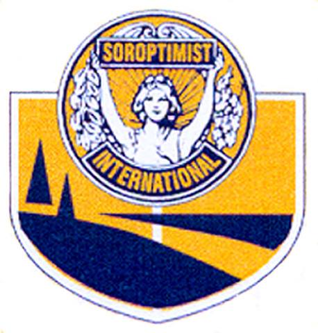 Logo du club de sport feminin les soroptimist bleu et jaune avec une statue grecque